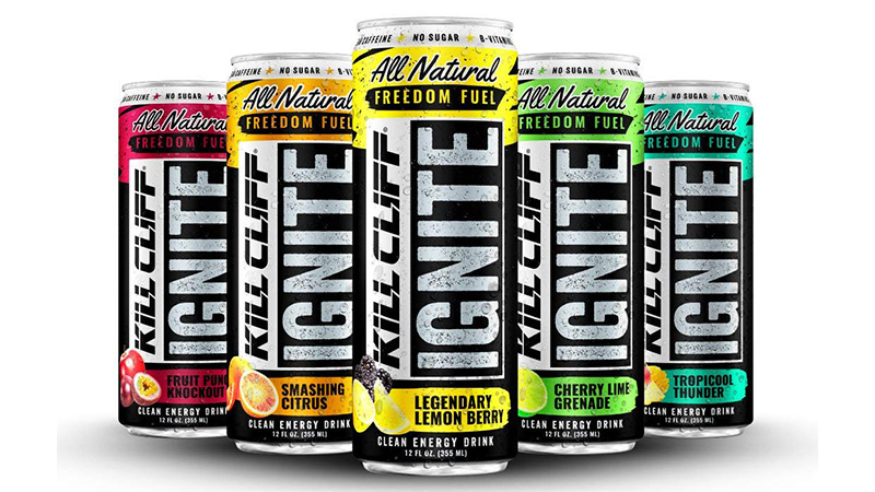 Image of all flavors of Kill Cliff's Ignite drinks in white back ground