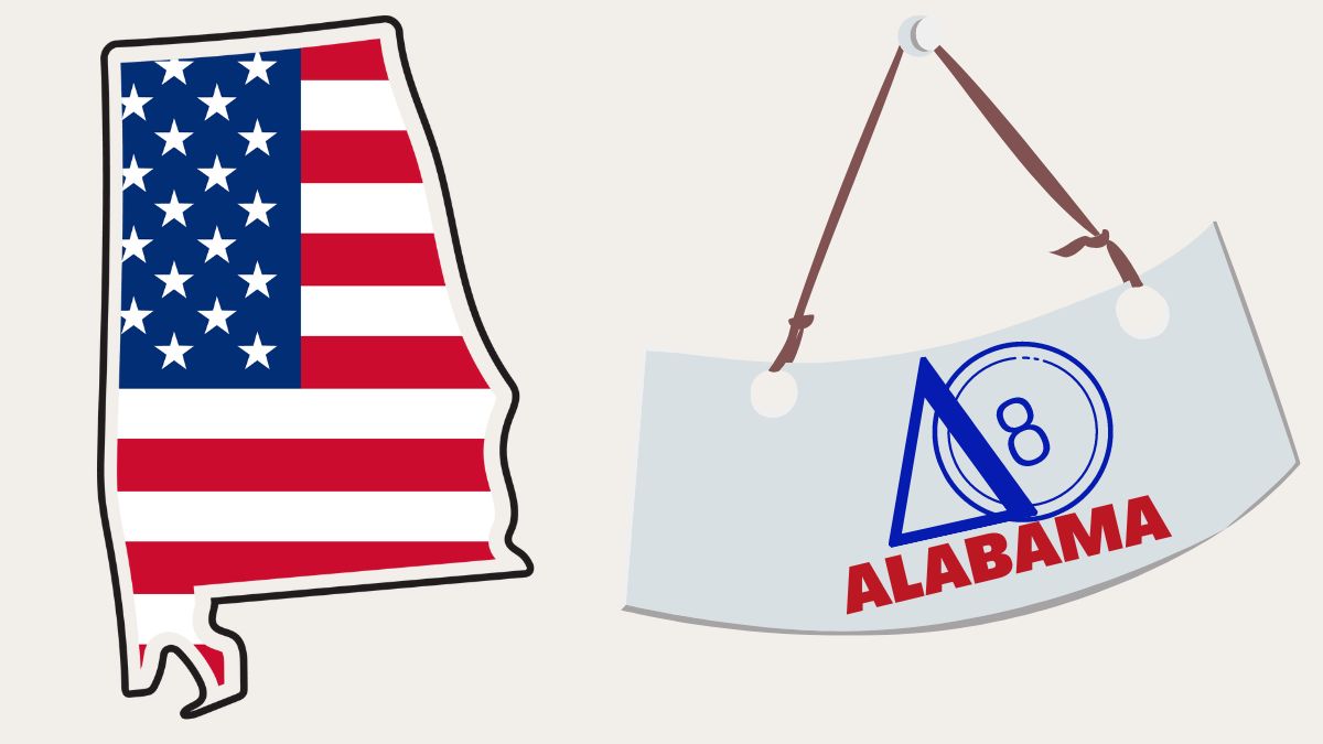 Map of Alabama in US flag illustration and Delta 8 illustration